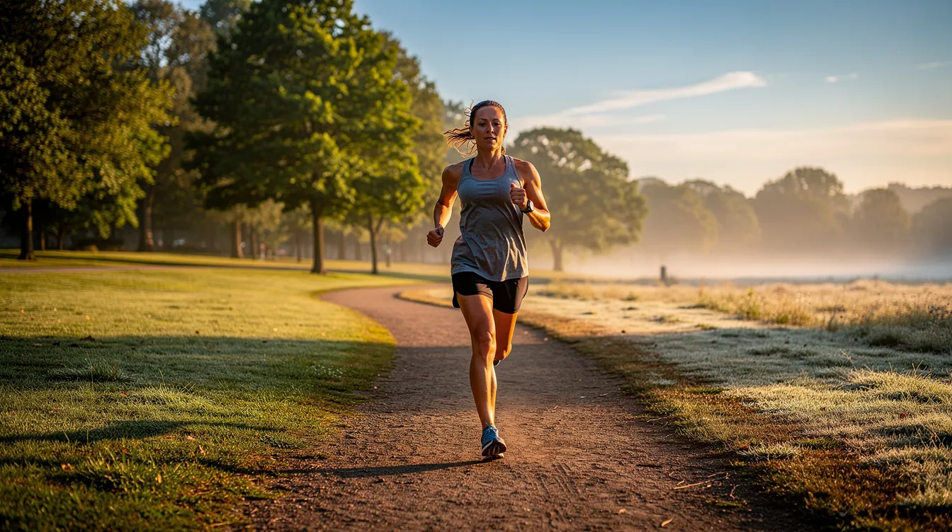 A person is jogging on a scenic outdoor trail bathed in morning sunlight, promoting physical activity and overall health. Regular exercise like this can improve sleep quality and duration, contributing to better mental health and longevity.