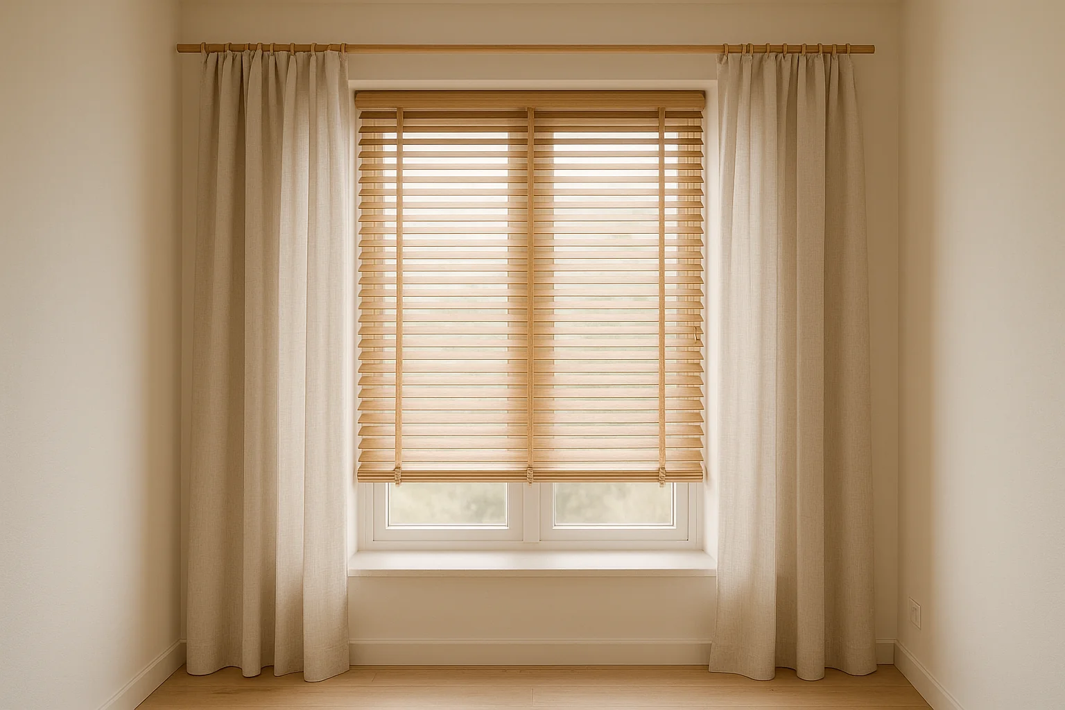 "Window dressed with natural wood blinds and linen curtains in a neutral-toned room"