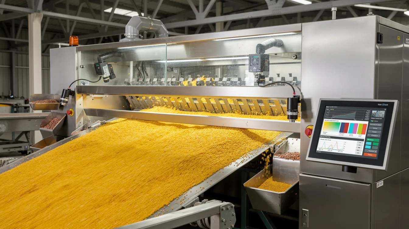 40402359 8fea 491b 8789 4dc85c592fde An industrial optical colour sorting machine is shown processing yellow dal on a production line, featuring advanced technology for sorting pulses efficiently. This machine, designed for high performance, operates on single-phase electricity, ensuring optimal power consumption and ease of maintenance.
