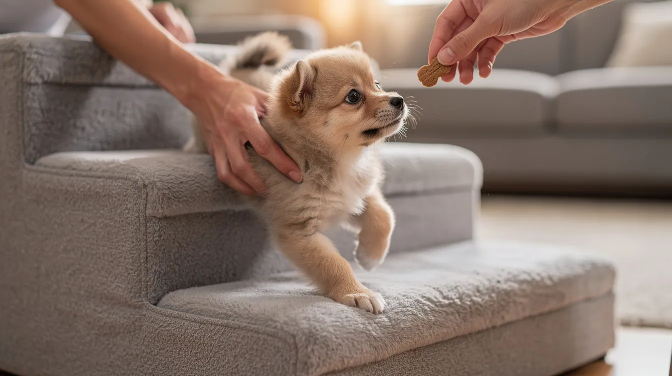 A small puppy is being gently guided up cushioned dog stairs, with a treat held above the top step to encourage it. These pet steps provide easier access for dogs, especially those with mobility issues or health problems, ensuring their safety while navigating elevated surfaces.