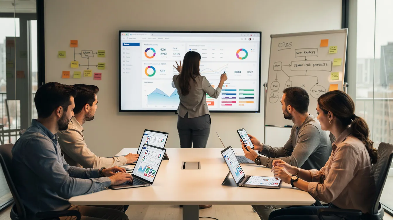 A team of app developers is gathered in a meeting room, reviewing dashboards and mobile app prototypes displayed on a large screen. They are discussing various aspects of app creation, focusing on user interface design and the integration of AI features for their upcoming web apps.