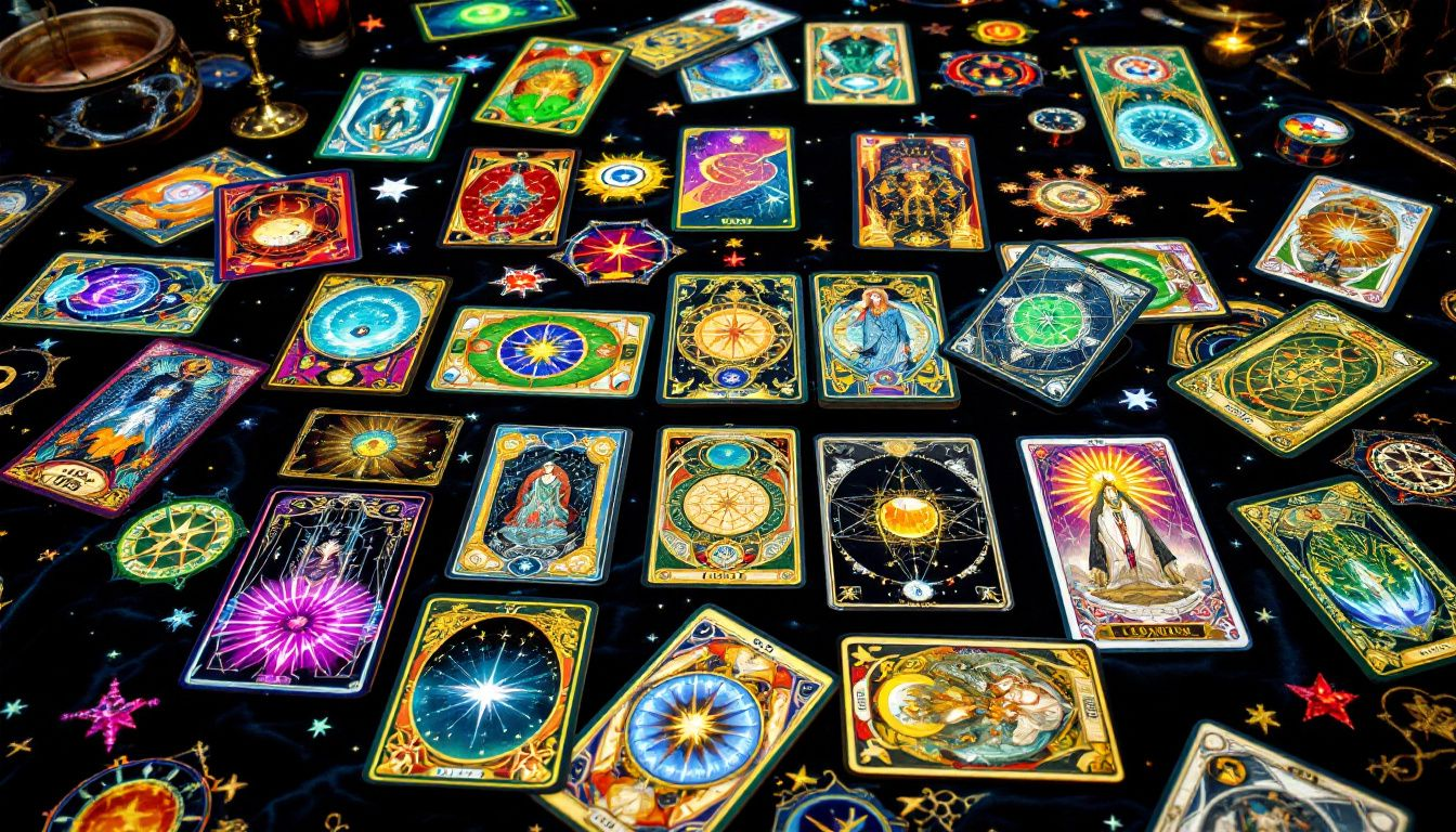 A collection of tarot cards laid out on a table, showcasing different designs and colors.