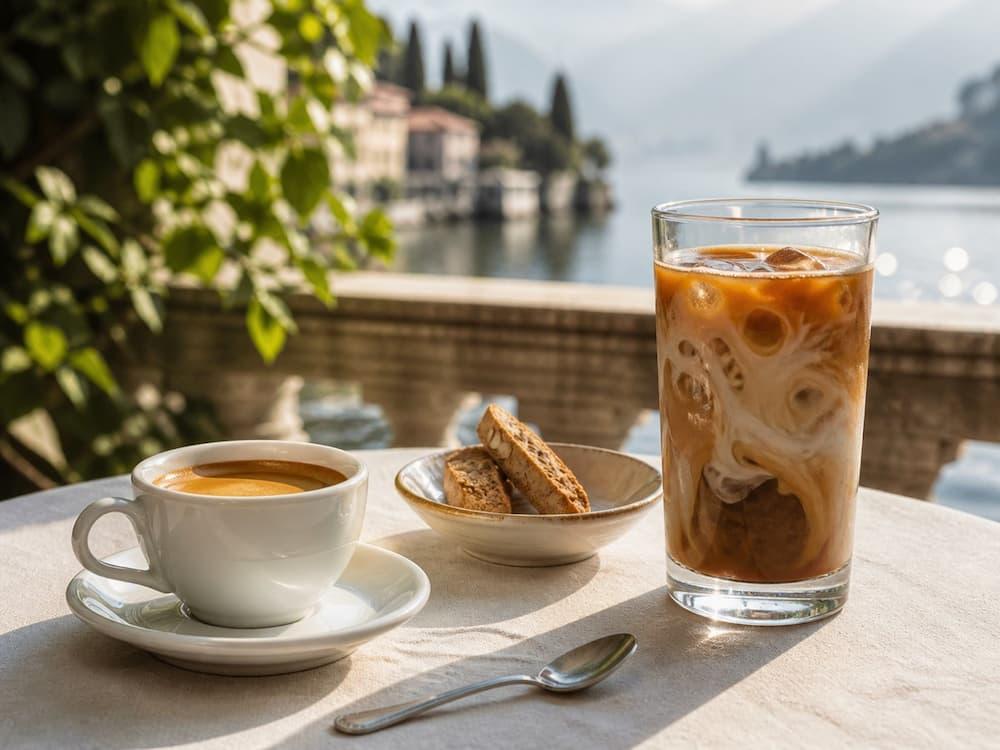A small espresso and a tall iced coffee served on a sunlit Lake Como table