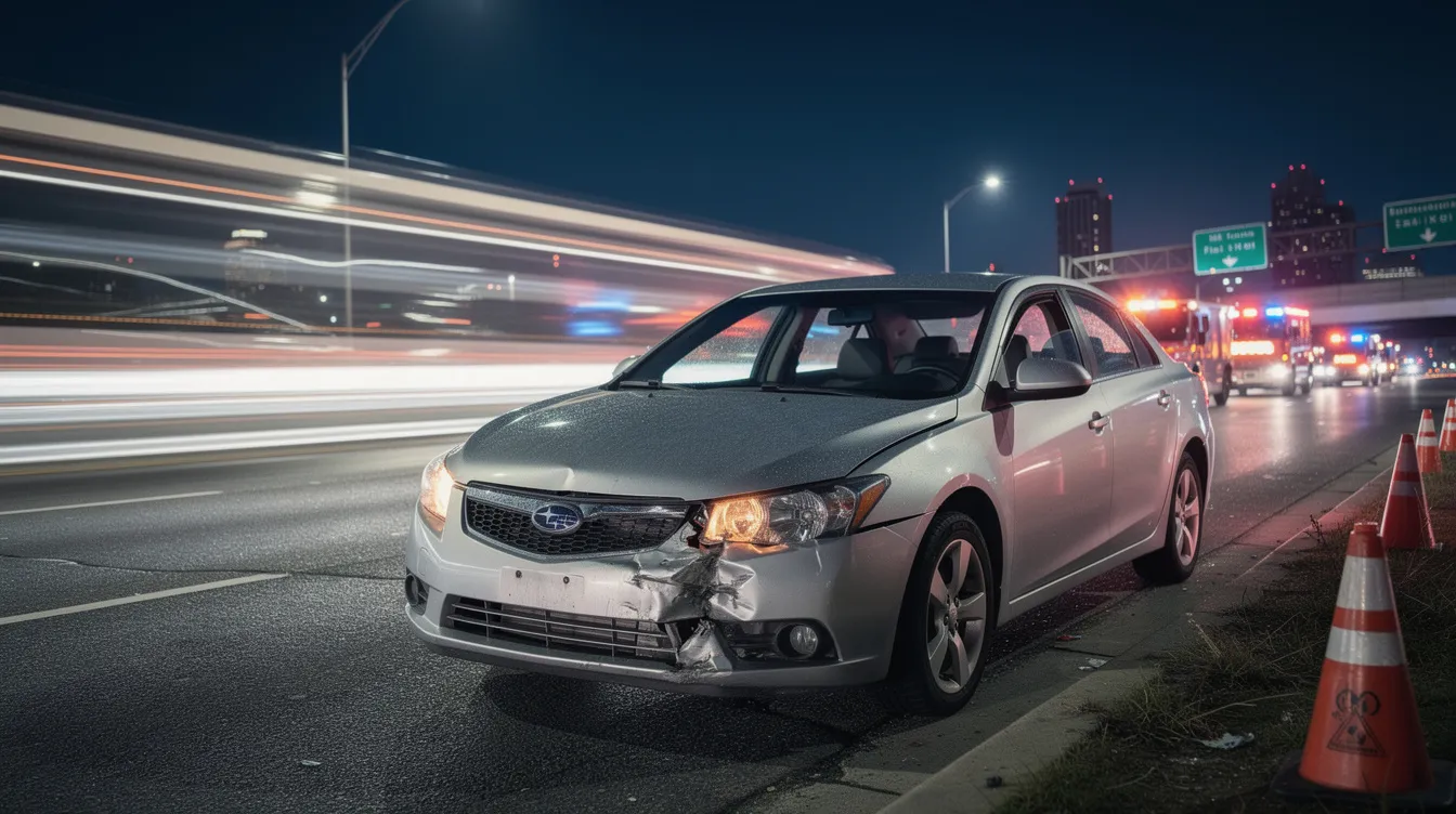 The image depicts a damaged sedan parked on the shoulder of a busy highway, with emergency lights flashing in the background, indicating a recent car accident. This scene highlights the potential risks and serious injuries associated with vehicle defects and personal injury cases on the road.