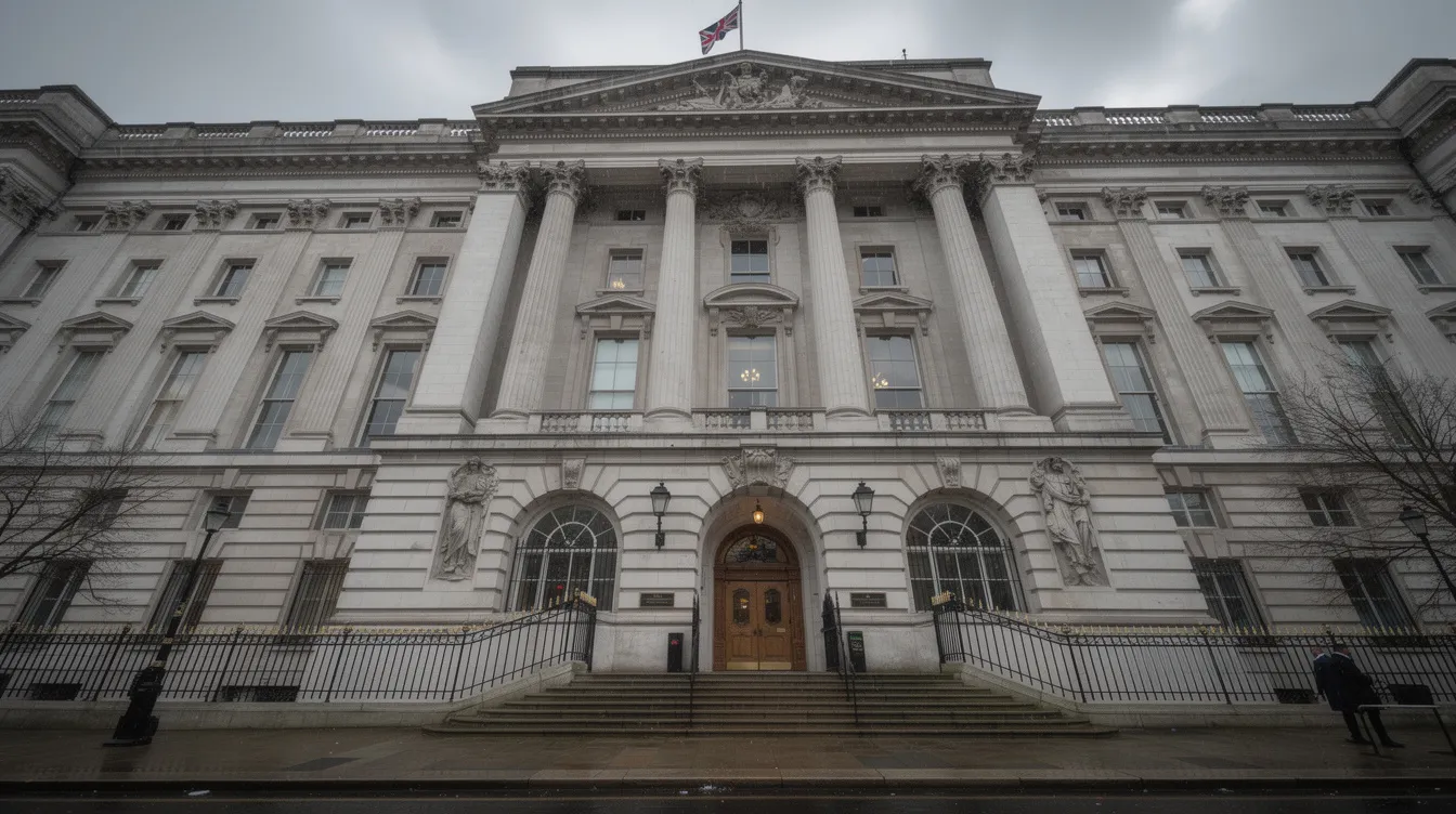 The image depicts a large historic government building in London, characterized by its imposing columns under a grey sky, symbolizing the UK’s immigration enforcement activities and the complex processes surrounding immigration and detention. The architecture reflects the country's culture and history, while the atmosphere hints at ongoing discussions regarding immigration policies.