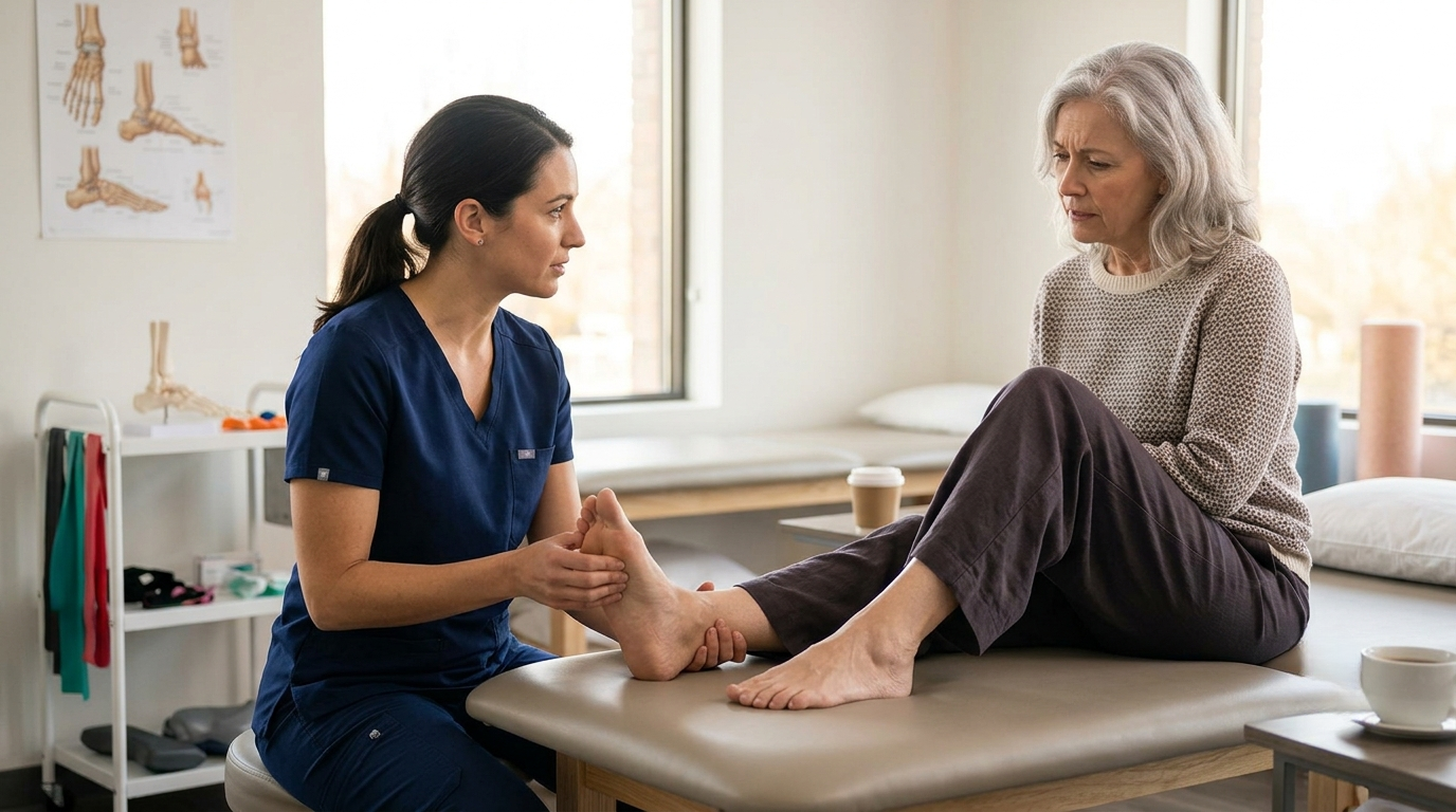 Physical therapist examining a patient's foot and ankle during an office visit