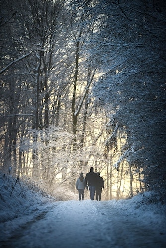 Family walking along wintry hiking trails