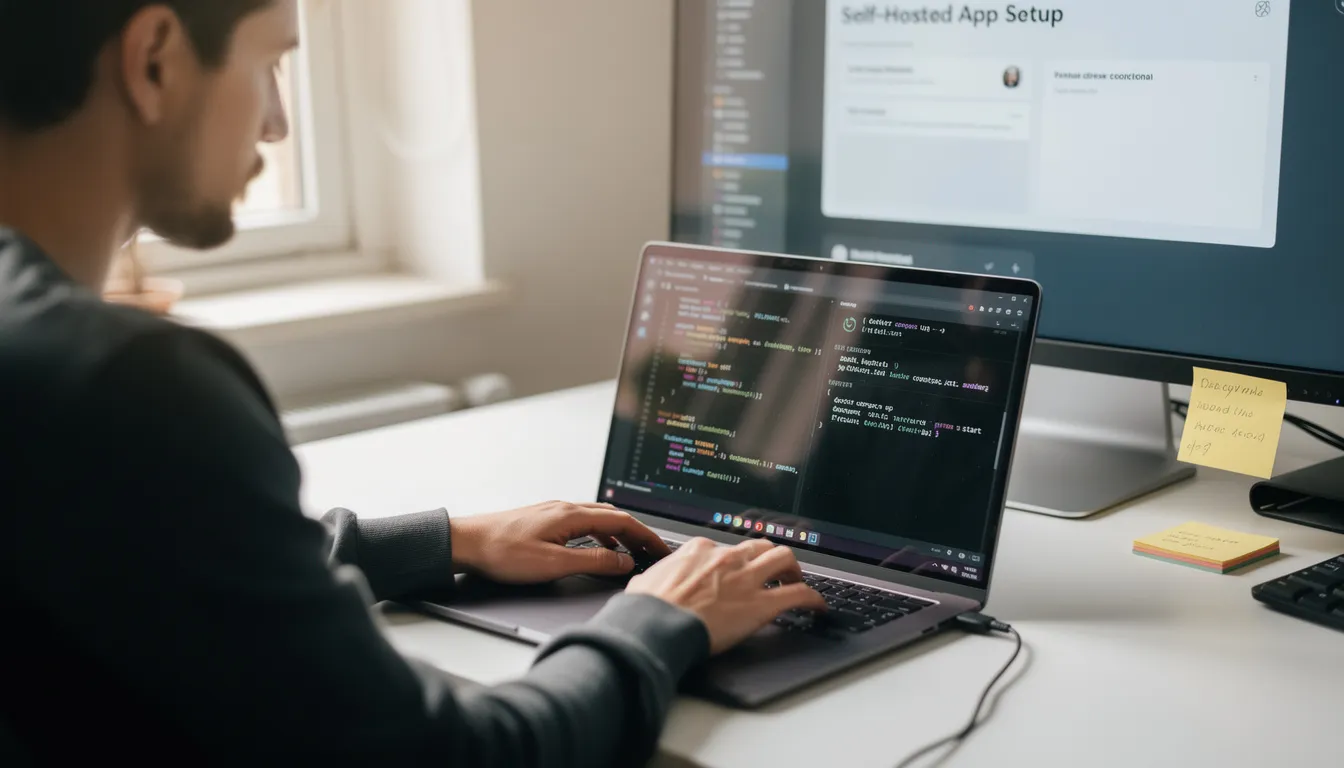 A person is focused on their laptop, with lines of code visible on the screen as they set up a self-hosted application. The scene suggests a digital workspace dedicated to organizing articles and reading material, potentially using features like a web clipper for saving links and enabling offline access for future reference.