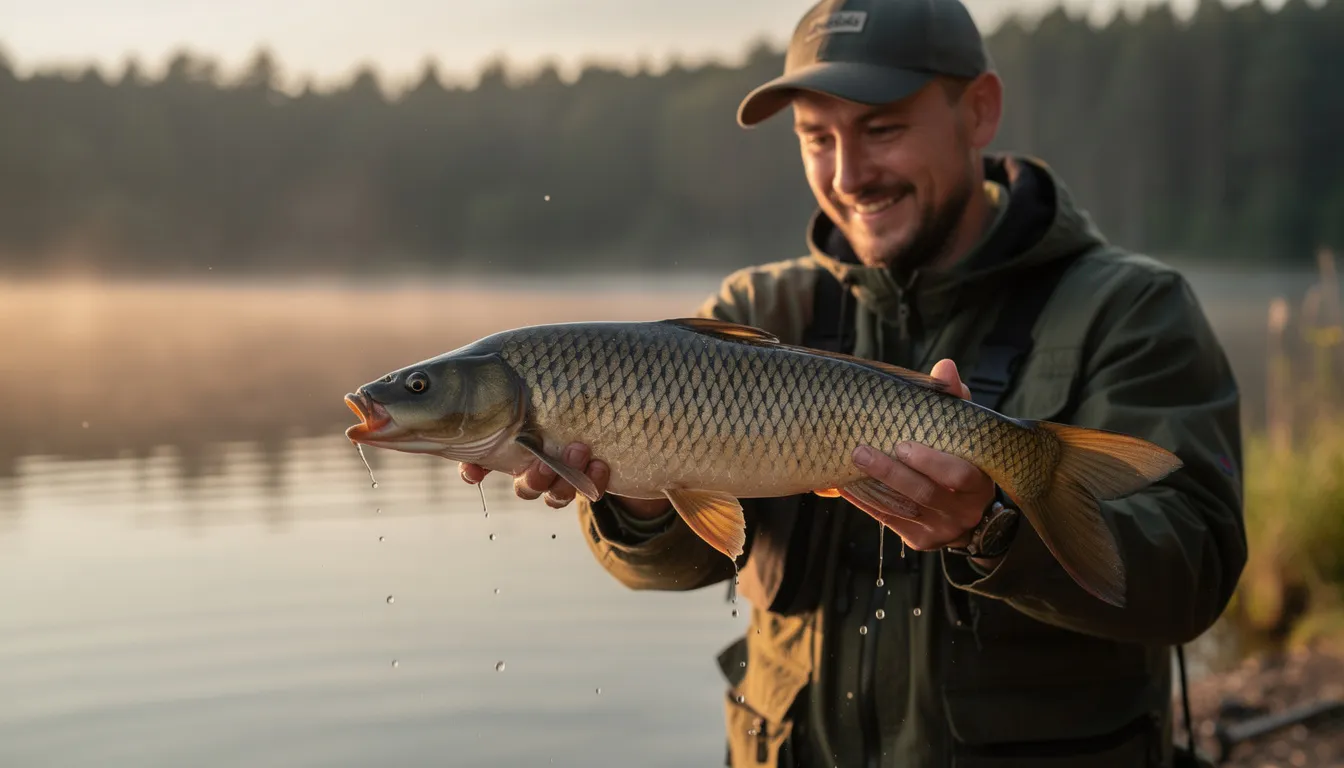 Na zdjęciu wędkarz trzyma dużą rybę poziomo nad wodą, przygotowując się do jej wypuszczenia. W tle widać zarośla i drzewa, a słońce odbija się w wodzie, tworząc malowniczy krajobraz.
