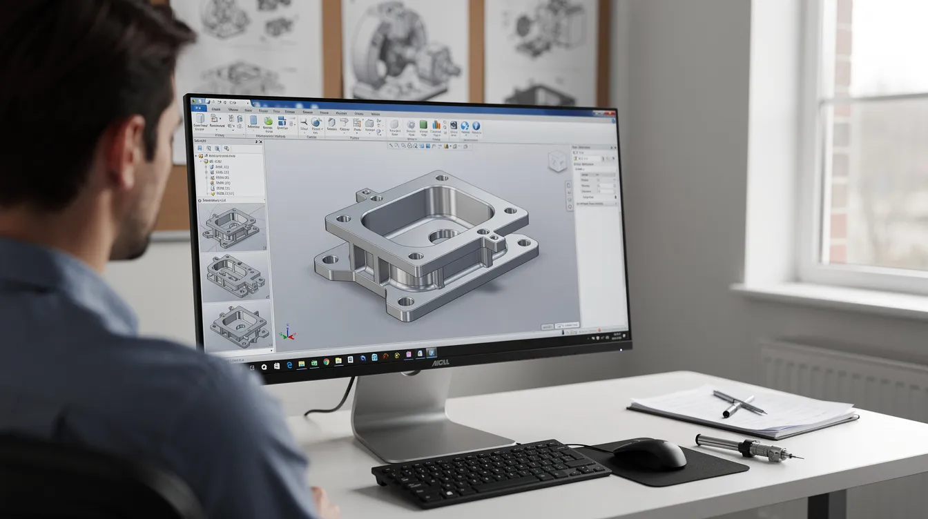 The image shows a computer monitor displaying a 3D CAD model of a machined aluminum housing, set in a manufacturing office environment. This scene highlights the integration of computer-aided design (CAD) and computer numerical control (CNC) technology in modern manufacturing processes.
