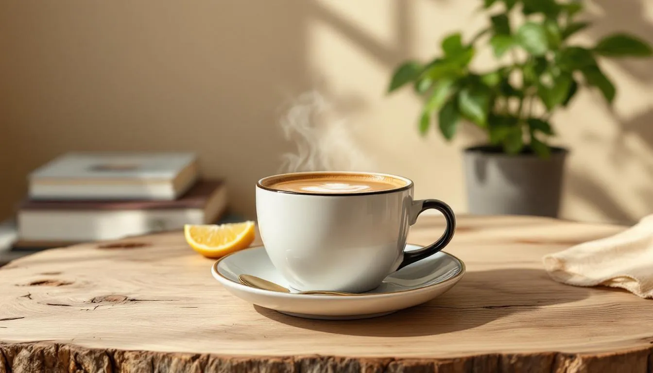 A steaming cup of coffee is placed on a wooden table, with a slice of lemon resting beside it. This coffee and lemon combination is known for its potential health benefits, including aiding in weight loss and boosting metabolism.