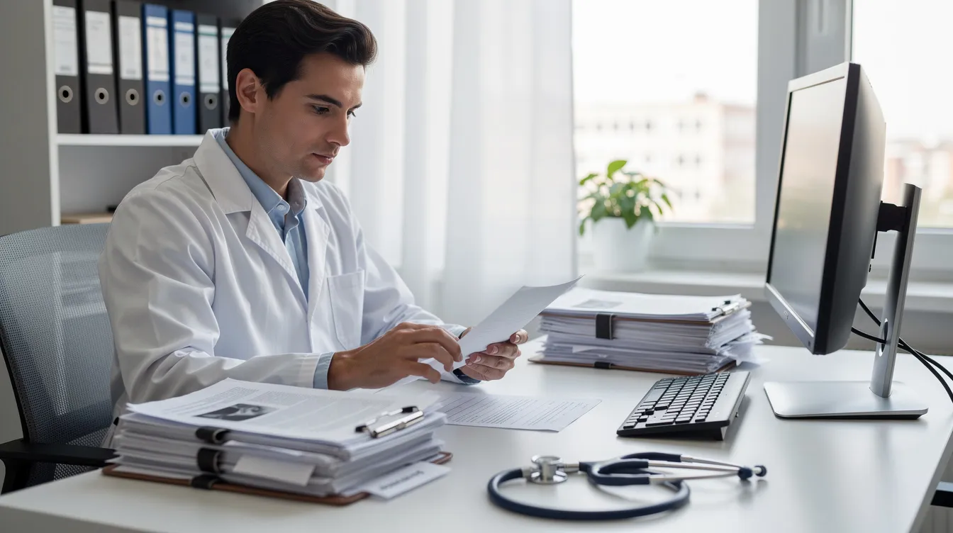 A medical professional is seated at a desk in an office, intently reviewing documents related to social security disability claims. The setting suggests a focus on the appeals process, highlighting the importance of medical evidence and legal strategies in securing disability benefits.