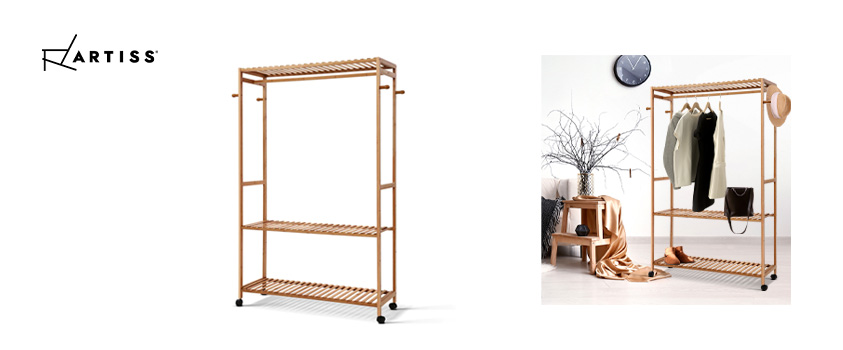 An Artiss bamboo open garment rack with wheels, great for at home or on the go.