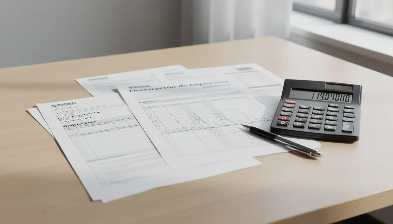 Imagen de documentos fiscales, incluyendo formularios y declaraciones de impuestos, junto a una calculadora sobre un escritorio de oficina. Esta escena refleja el proceso de cumplir con las obligaciones fiscales para empresarios y emprendedores en Estados Unidos, especialmente para aquellos que están considerando abrir una LLC y pagar impuestos como extranjeros no residentes.