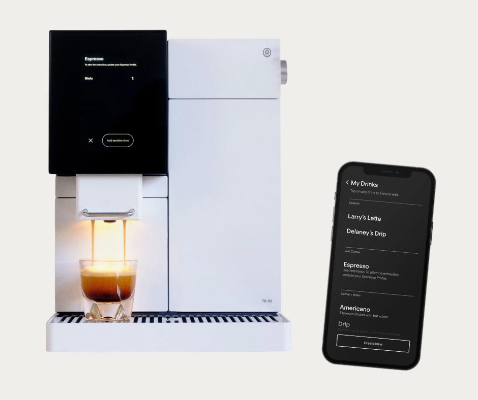 Terra Kaffe TK-02 Espresso Machine with phone showing app