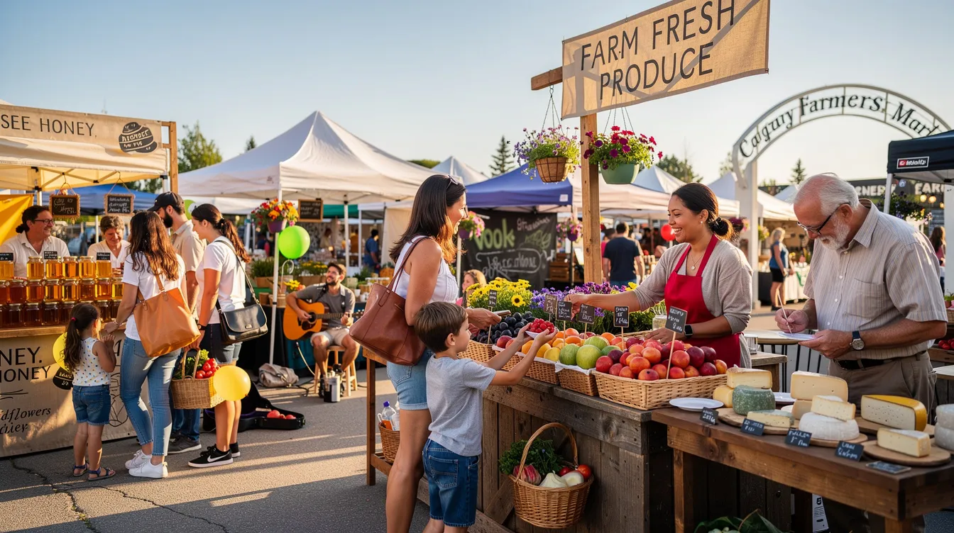 A lively summer farmers' market in Calgary with a vendor handing strawberries to a child while families browse stands and musicians play in the background