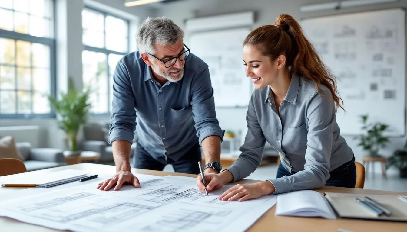 In a supportive office environment, a mentor and a mentee architect are collaboratively reviewing architectural drawings, fostering a positive culture that emphasizes professional development and work-life balance. The scene highlights the importance of teamwork and mentorship in overcoming challenges and promoting well-being in the workplace.