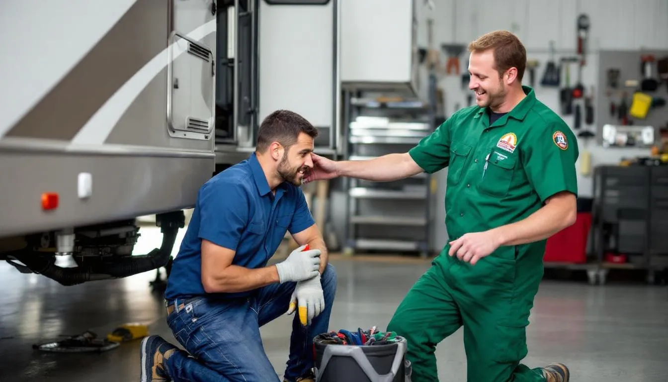 An RV owner is using tools to work on their vehicle while a certified technician offers guidance, showcasing a collaborative effort in RV repair and maintenance. This scene emphasizes the importance of expertise and safety in the RV lifestyle, as they address potential RV issues together.