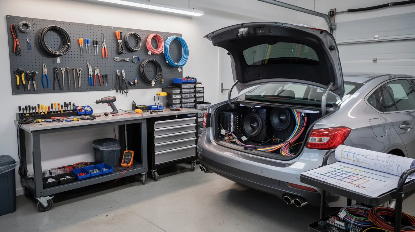 The image shows a car audio installation bay featuring an open vehicle trunk filled with tools and various components, including speaker wires, power wires, and an amplifier. The setup is designed for troubleshooting and connecting the audio system, ensuring secure connections to prevent damage and optimize performance.