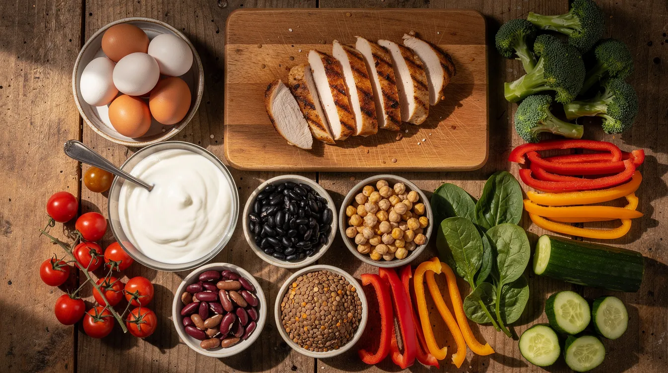 The image features a vibrant assortment of fresh high-protein ingredients, including eggs, grilled chicken, Greek yogurt, colorful bell peppers, and green beans, all beautifully arranged on a rustic wooden kitchen counter, perfect for creating balanced meals or meal prep. This spread highlights the delicious possibilities of low calorie high protein meals, making it ideal for anyone focused on their nutritional goals.
