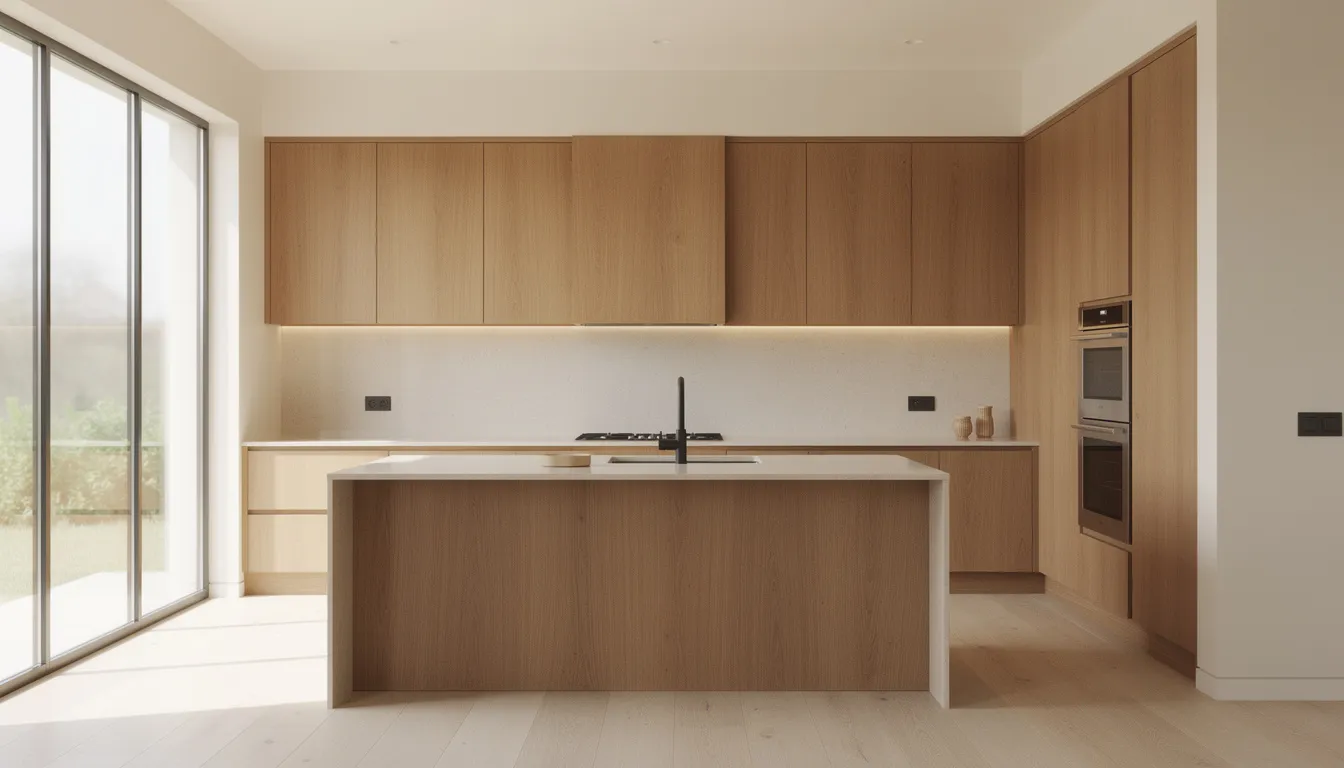 This image showcases a modern kitchen designed with a minimalist aesthetic, featuring warm wood cabinets and cream walls that create a neutral color palette. Natural light floods the space through large windows, highlighting the sleek matte countertops and enhancing the inviting atmosphere.