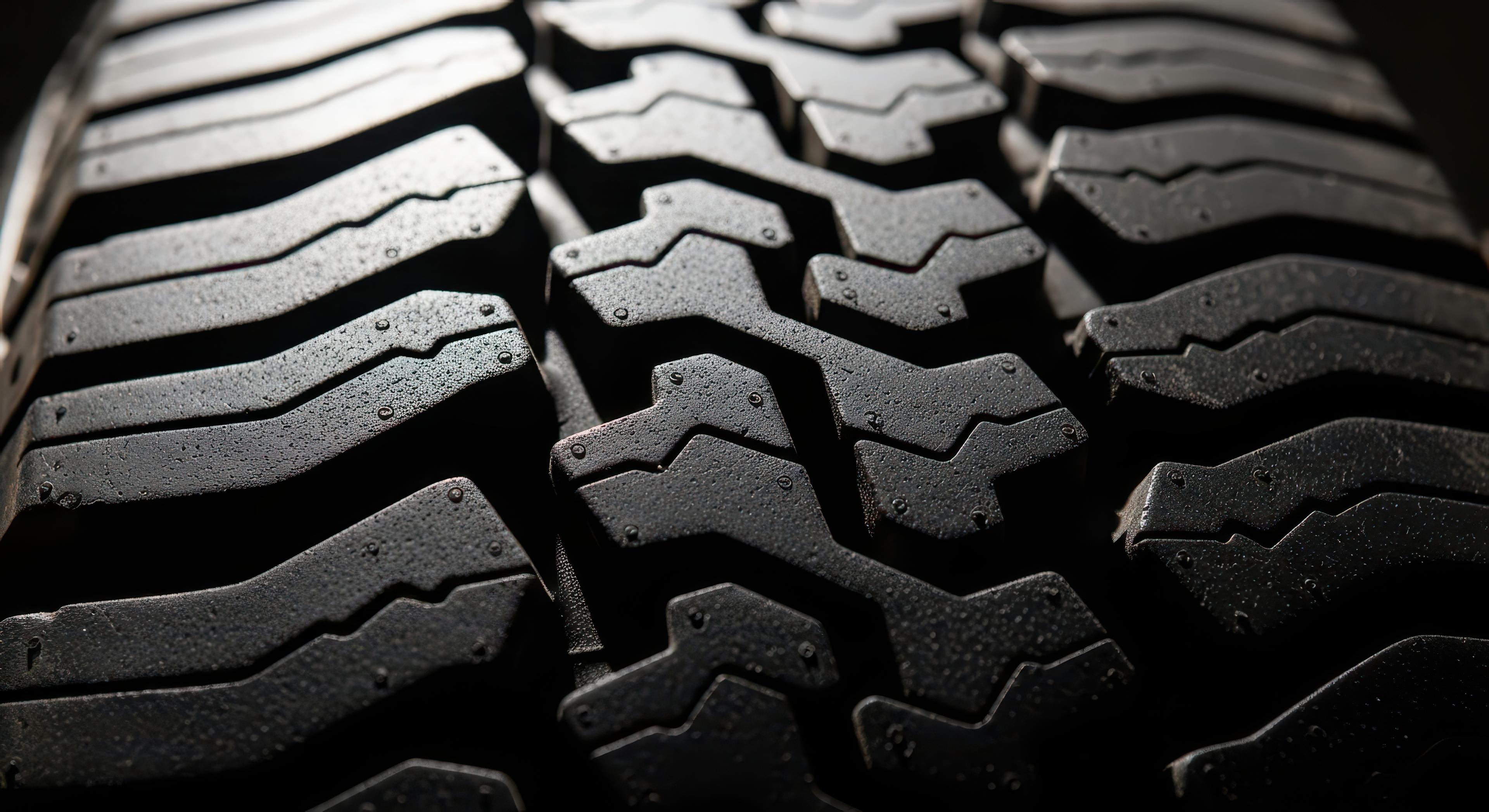 Close-up of tyre tread showing deep grooves and tread blocks on a vehicle tyre.