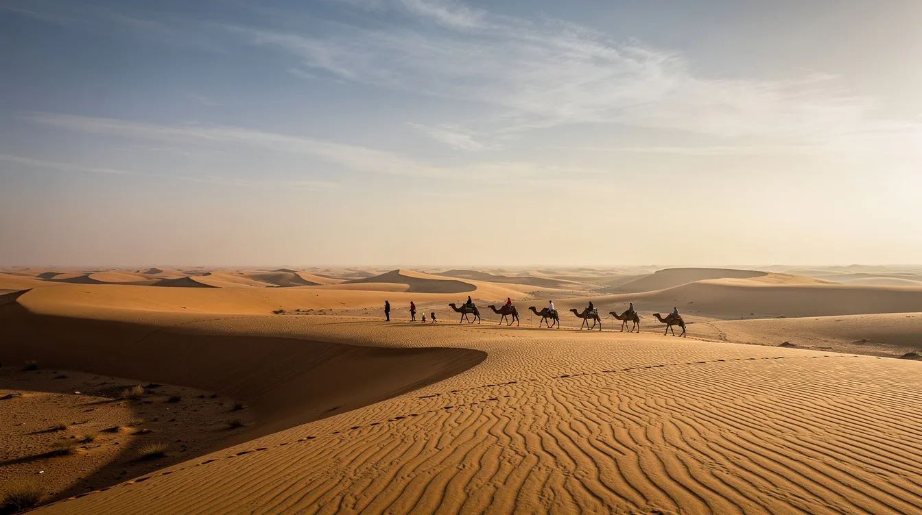 The image depicts an ancient desert landscape characterized by rolling sand dunes, with a distant caravan of travelers moving across the arid terrain under a vast, open sky. This scene evokes the historical and cultural context of the biblical times, illustrating the journey and challenges faced by people in different cultural settings.