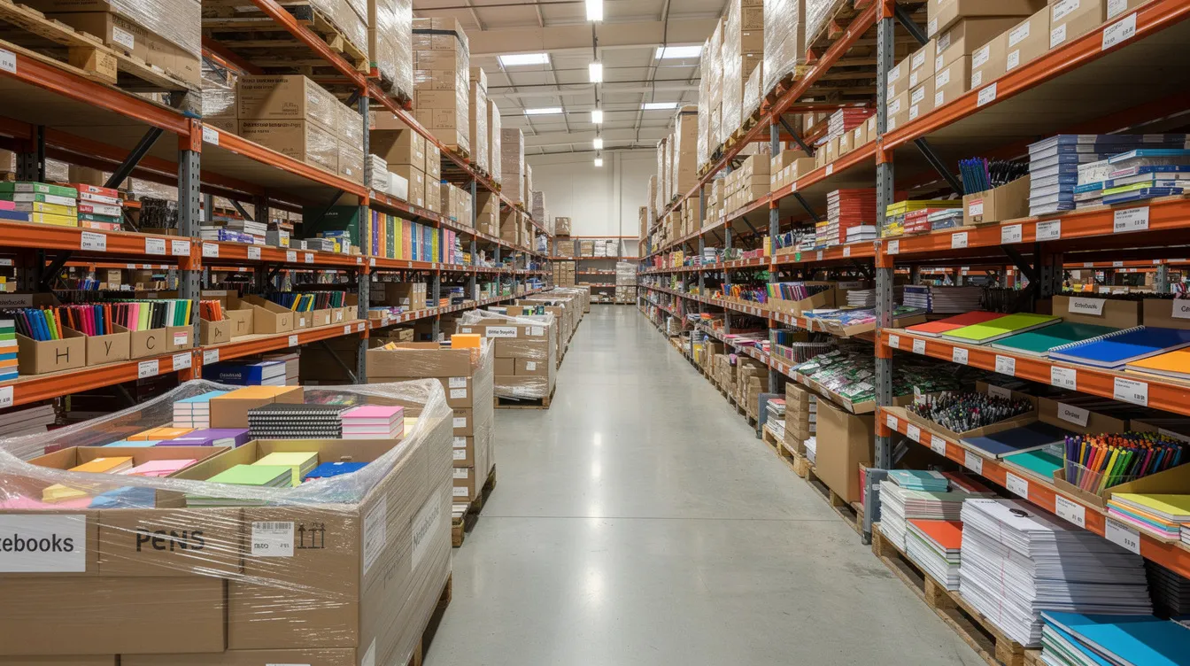 405a15cc a30e 4928 8dc1 ccd564dc739a A wholesale warehouse filled with neatly stacked boxes of various stationery products, including colorful notebooks, pens, and essential office supplies, showcasing the vast inventory available for a successful stationery business. This image highlights the potential for small stationery shops and online stores to attract customers with a wide range of quality items.