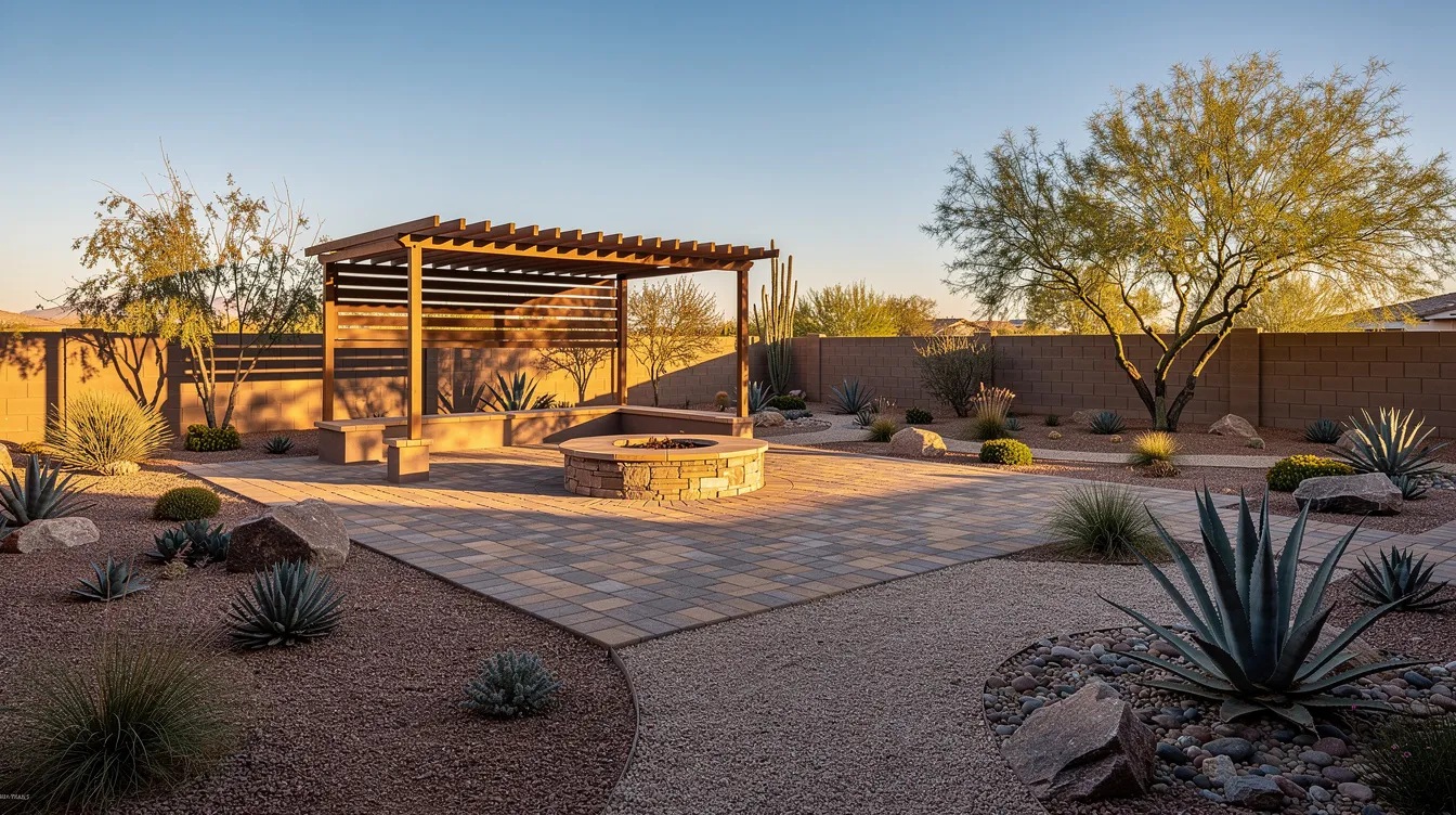 The image depicts a desert backyard featuring a spacious paver patio with a pergola overhead, a cozy fire pit, and gravel paths lined with drought-tolerant plants, creating an inviting outdoor living space ideal for entertaining and relaxation. The design showcases a perfect blend of functionality and aesthetics, making it a great example of backyard makeover ideas.