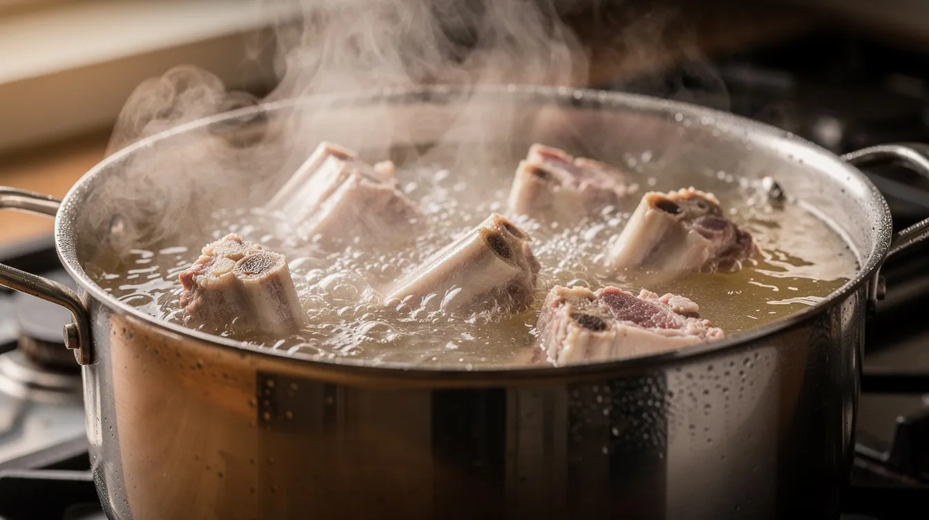 A large stock pot is filled with pork bones simmering vigorously, creating a rich and creamy tonkotsu broth, while steam rises into the air. The scene captures the essence of preparing a flavorful base for tonkotsu ramen, promising a delicious meal ahead.