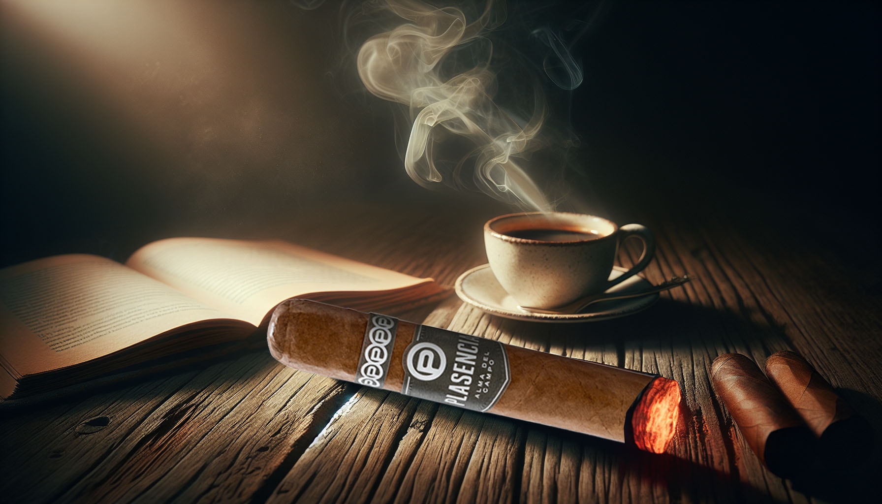 A bold and rich Plasencia Alma del Fuego Madrono cigar on a wooden table.