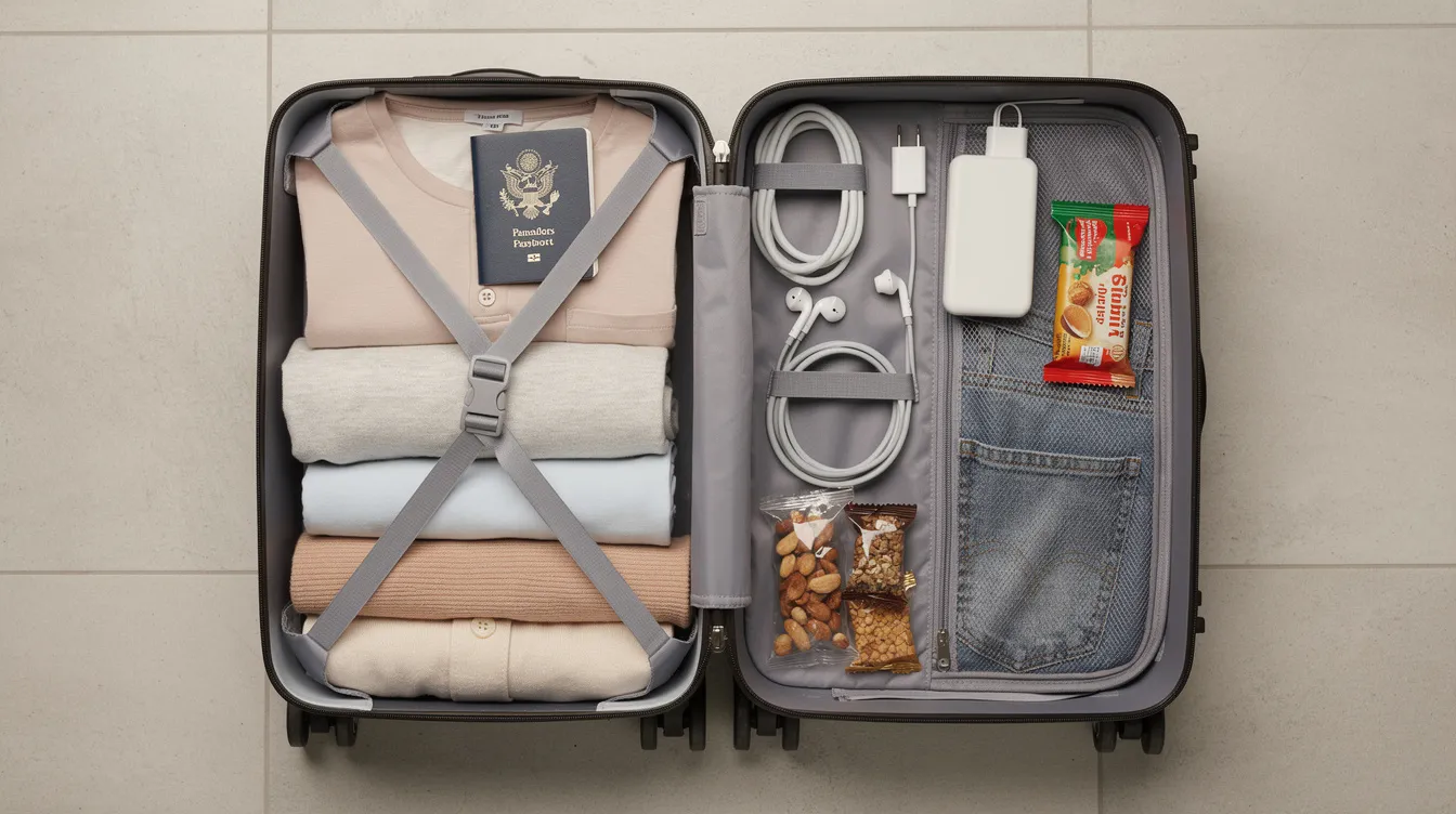 An overhead view of an open carry-on suitcase reveals neatly rolled clothes, a passport, chargers, and snacks thoughtfully arranged inside, showcasing essential items for travelers embarking on a long flight to a foreign country in South East Asia. This organized packing method is a useful travel tip to ensure a smooth trip while staying hydrated and prepared for any adventure.