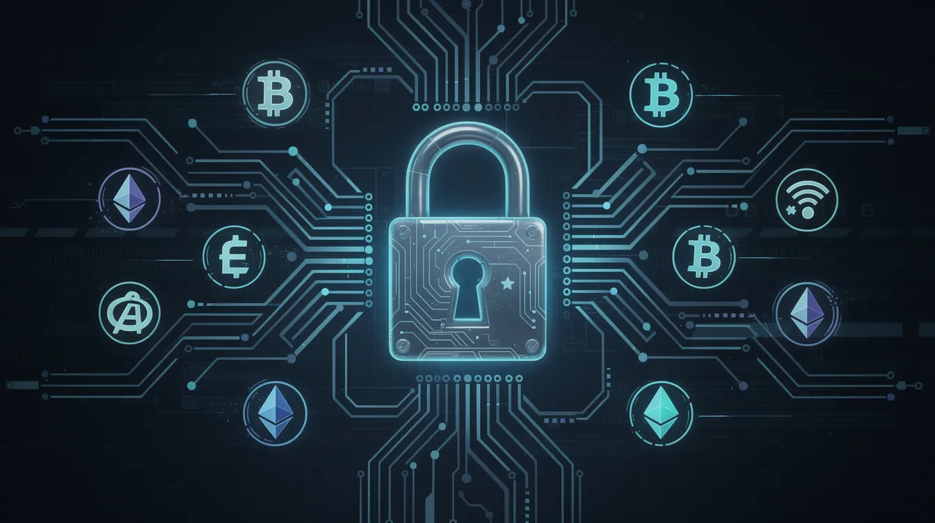 The image features a digital padlock at its center, surrounded by intricate circuit patterns and various cryptocurrency symbols, symbolizing cybersecurity in the realm of online gambling. This visual representation highlights the importance of secure transactions, particularly in crypto casinos and bitcoin gambling sites.