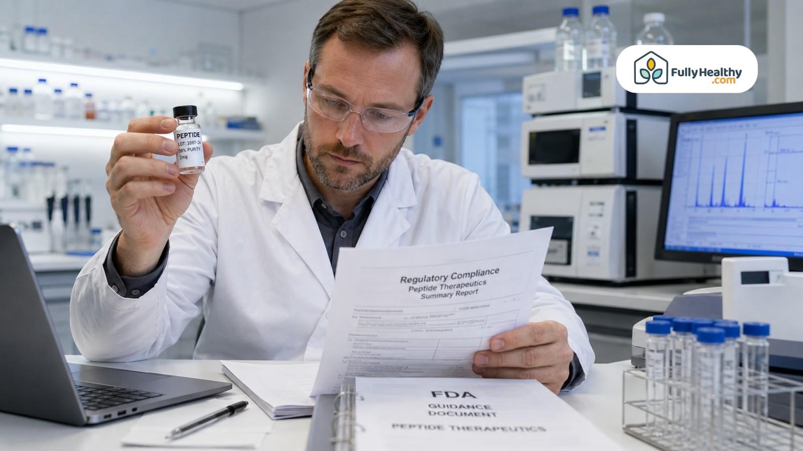 Scientist examining peptide vial while reading regulatory compliance report in laboratory