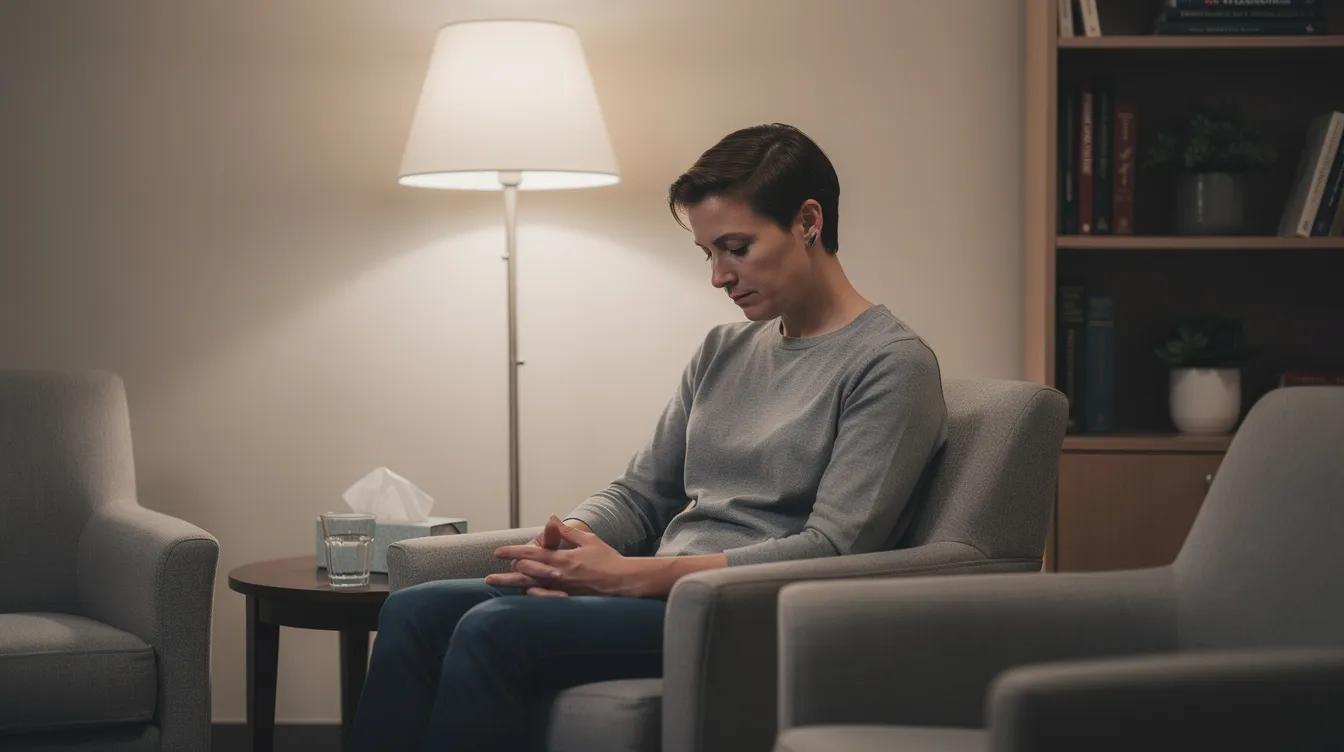The image depicts a person sitting thoughtfully in a softly lit room, creating a calming atmosphere reminiscent of a counseling environment. This serene setting may evoke themes of reflection on social security disability claims or the disability determination process.