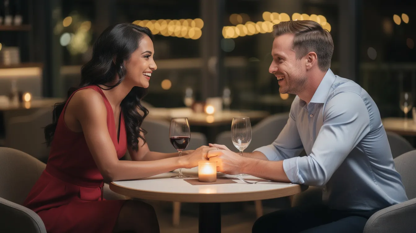 A Latina woman and a white man are enjoying a date at a cozy restaurant, sharing a meal and laughing together, showcasing the beauty of cultural diversity in relationships. Their affectionate body language reflects the warmth and passion often found in Latin culture, highlighting the connection between different backgrounds.