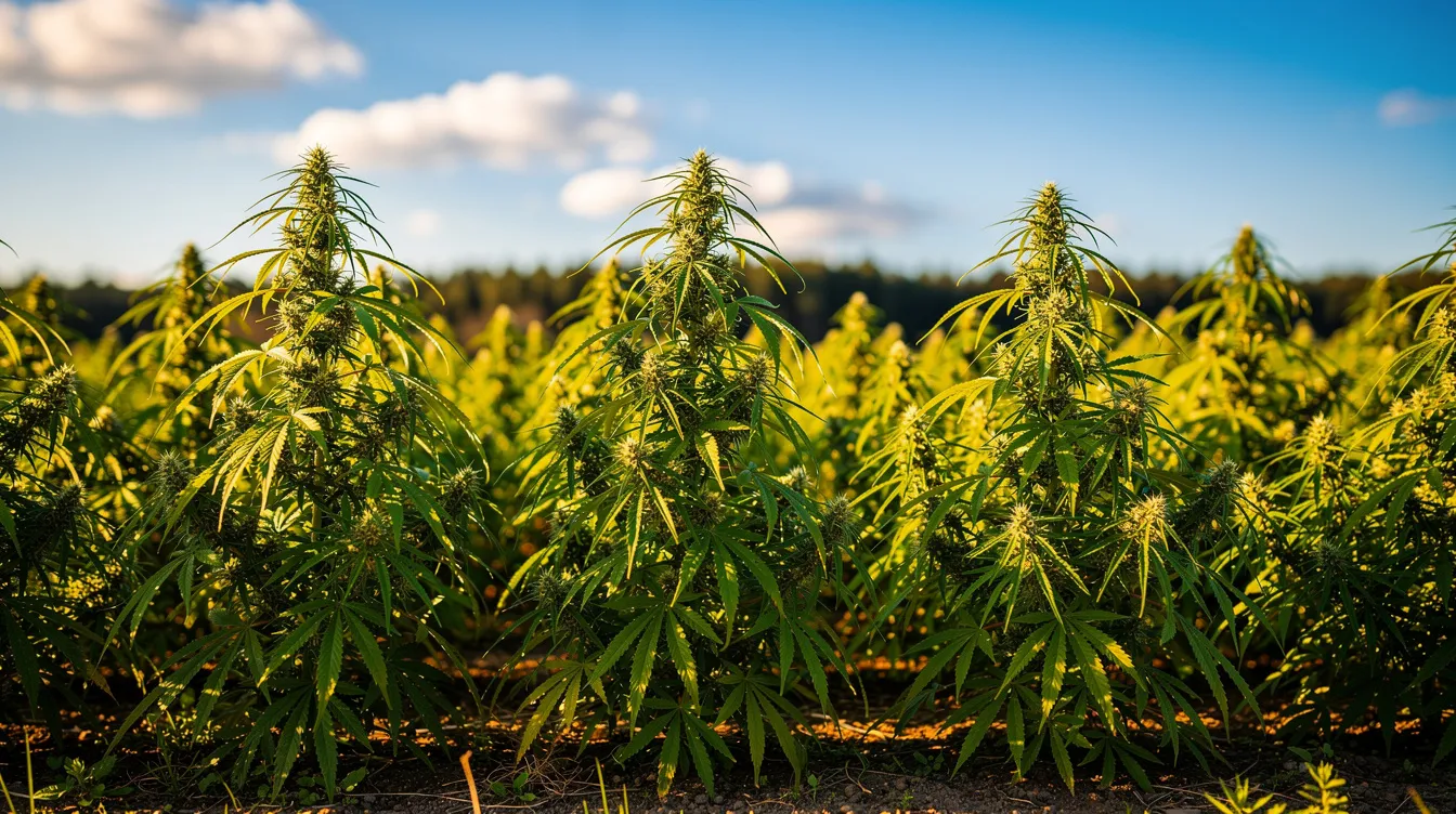 The image features tall green cannabis plants thriving outdoors under bright warm sunlight, set against a clear blue sky. These vibrant plants, reminiscent of the iconic maui wowie strain, highlight the beauty of cannabis cultivation and its connection to the Hawaiian heritage.