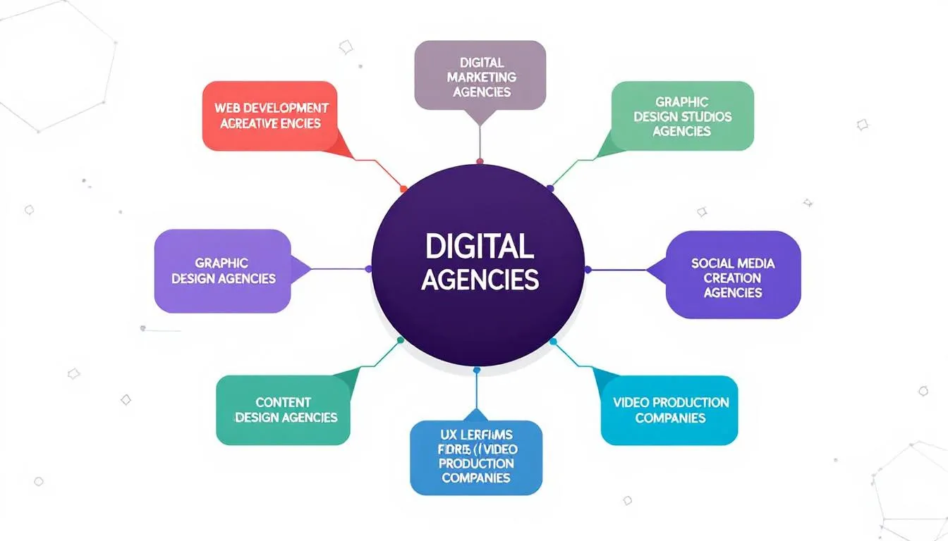 The image illustrates various types of digital marketing agencies and creative agencies, showcasing their roles in enhancing brand visibility and achieving business objectives. It highlights how these agencies utilize innovative strategies across multiple digital channels, such as social media marketing and content creation, to drive measurable growth for ambitious brands.