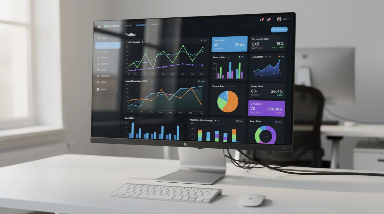 The image shows a computer monitor displaying vibrant website performance analytics, featuring colorful graphs and charts that illustrate the status of multiple client sites. This visual representation is essential for agencies managing multiple websites, enabling them to monitor performance metrics effectively.