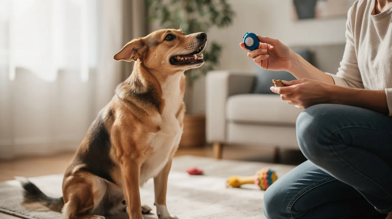 The image depicts a professional dog trainer engaged in a training session with a dog, using a clicker to reinforce desired behaviors. The trainer is holding a food treat, ready to reward the dog for successfully performing a command, illustrating the principles of positive reinforcement and operant conditioning in dog training.