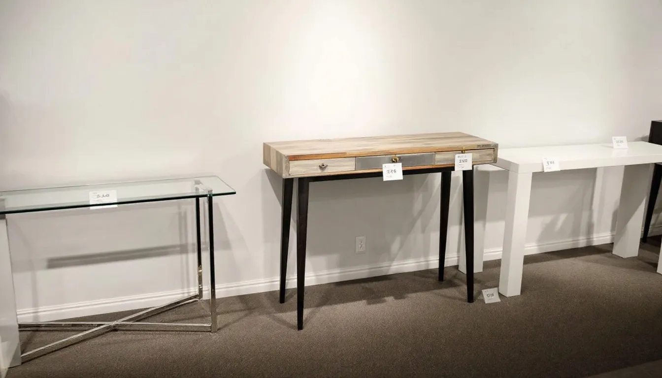 The image showcases a variety of console tables displayed in a showroom, highlighting different styles such as marble and glass console tables, along with their respective price points. This setup allows viewers to compare options for hallway console tables and entryway tables, emphasizing functionality and style for any living space.