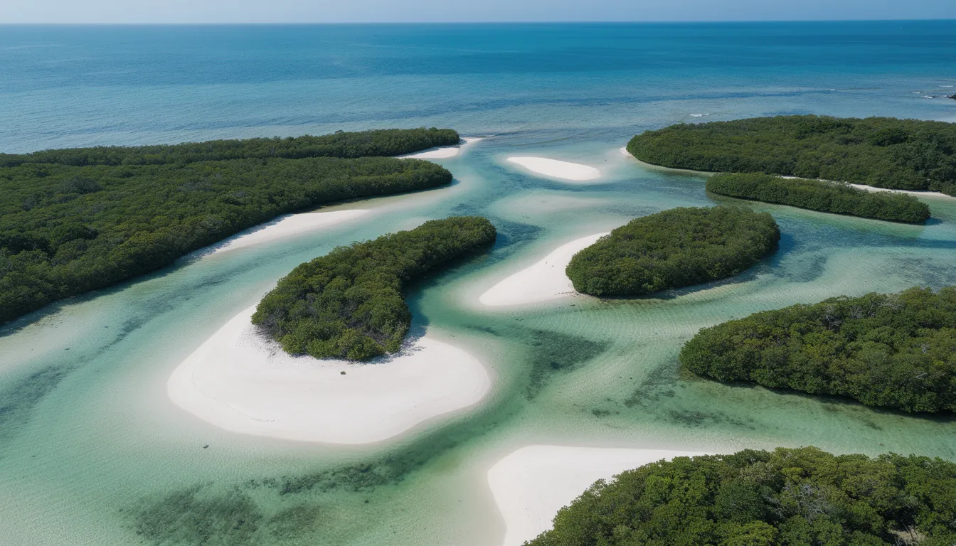 An aerial view showcases mangrove-lined flats with patches of white sand visible through the clear water, ideal for saltwater fly fishing. This picturesque scene highlights the expansive flats of the northern Bahamas, where anglers can find tailing bonefish and enjoy wade fishing amidst the natural beauty.