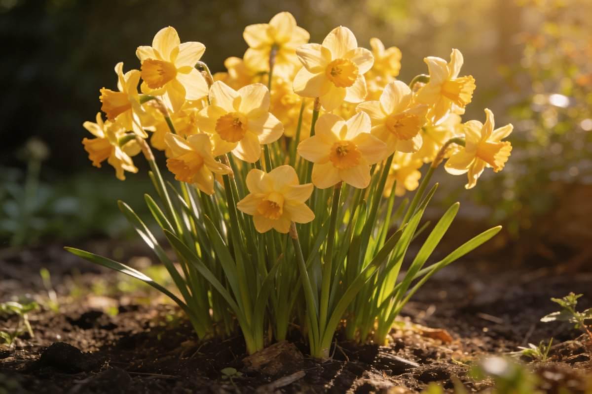 Daffodils in four colour varieties arranged on marble — yellow, white, cream, and orange-cupped