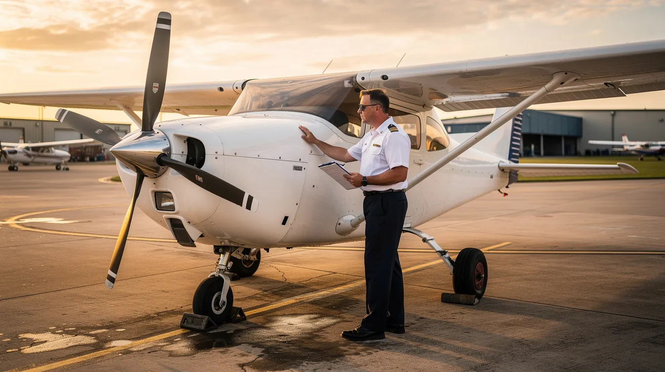 The image shows a pilot conducting a preflight walkaround inspection of a small single-engine airplane on a ramp, ensuring that all required instruments and equipment, such as the altimeter and airspeed indicator, are functioning properly before flight. The pilot is checking the aircraft's airworthiness and compliance with federal aviation administration regulations for safe operation.