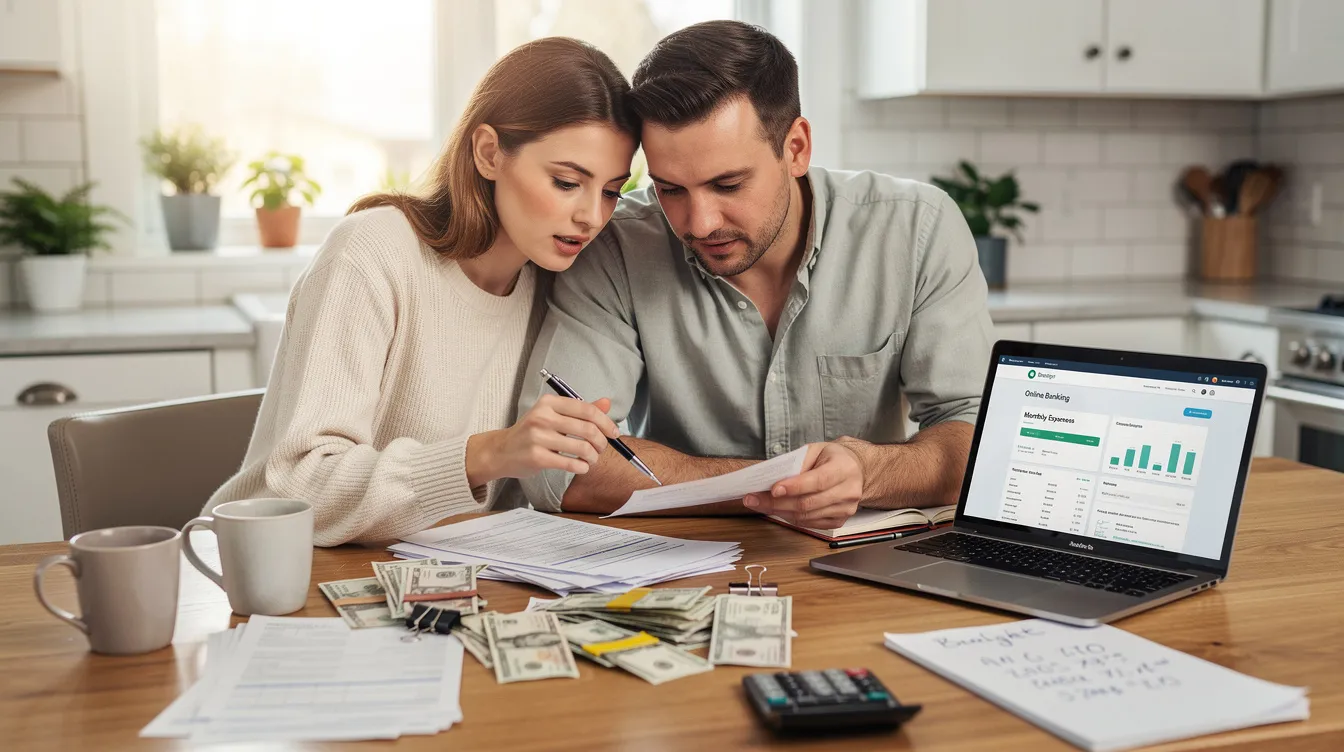 A couple is seated at a kitchen table, closely reviewing paper bills and bank statements together, indicating a moment of managing their finances and understanding their financial situation. The atmosphere suggests a collaborative effort in handling their monthly expenses and loan repayments.