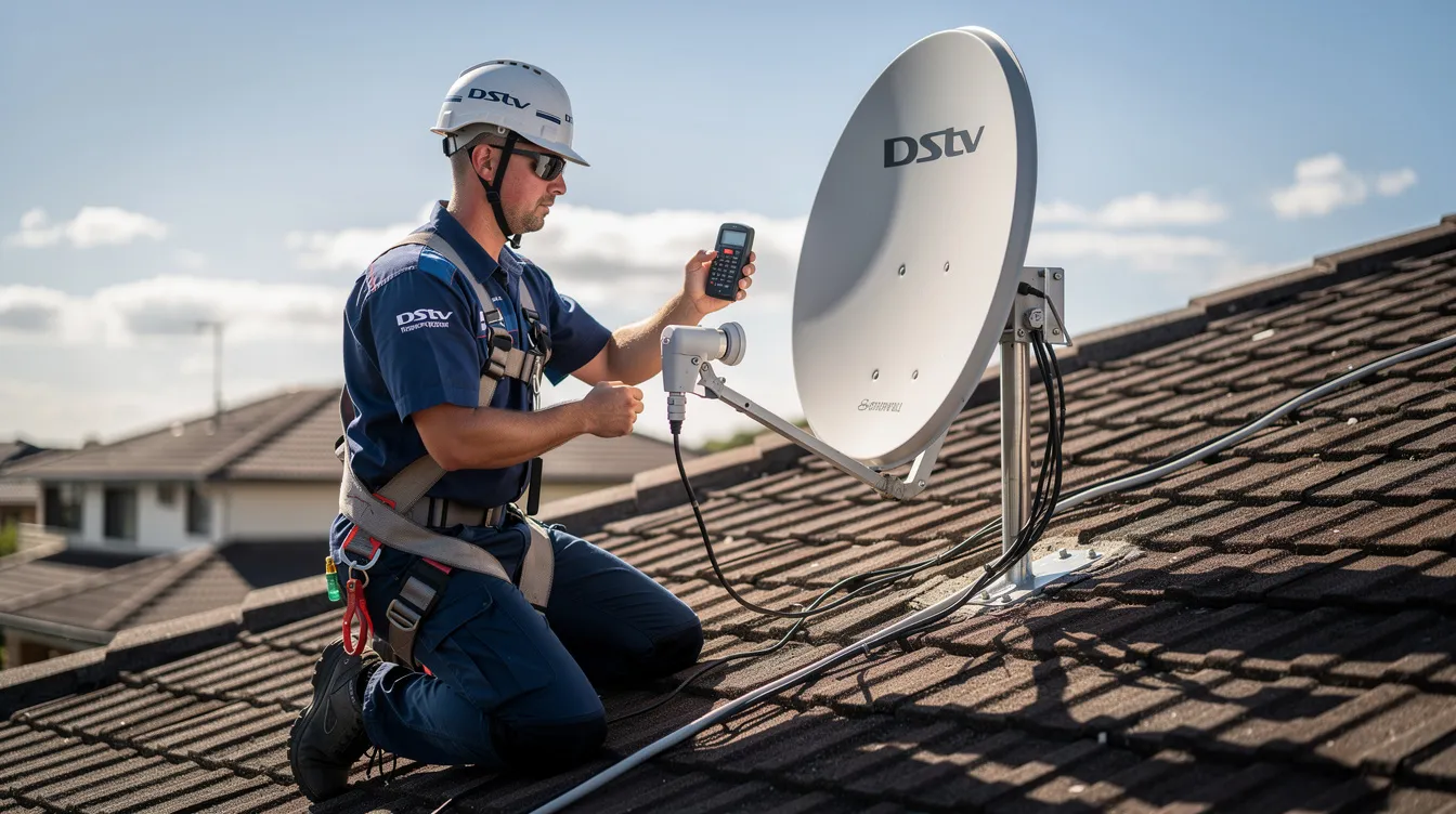 A DStv technician is seen performing satellite dish alignment on the roof of a residential home, ensuring optimal signal reception for DStv services. The technician is equipped with tools for professional DStv installations and is focused on providing quality customer-focused service.