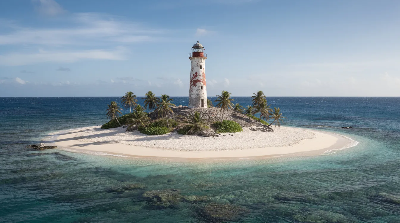 Imagem de uma pequena ilha tropical desabitada, com um farol antigo, rodeada por areia branca e mar azul profundo, representando um destino paradisíaco no Caribe, como Klein Curaçao, ideal para férias e atividades de navegação. A paisagem é composta por águas cristalinas e uma atmosfera tranquila, perfeita para sonhar e relaxar.