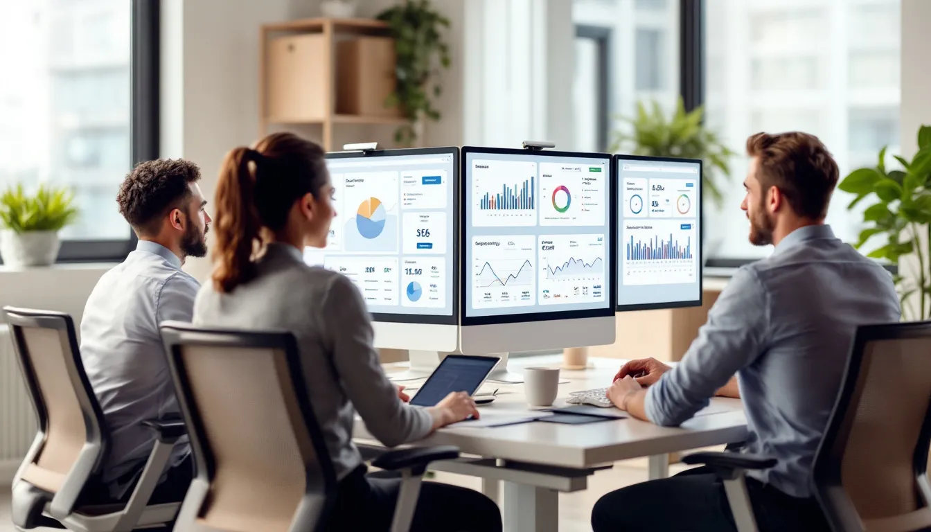 A hotel revenue management team collaborates around computer screens displaying performance dashboards, analyzing key metrics and market trends to optimize pricing strategies and maximize revenue. The team focuses on effective revenue management practices, utilizing data analysis to enhance their hotel's revenue management strategy.