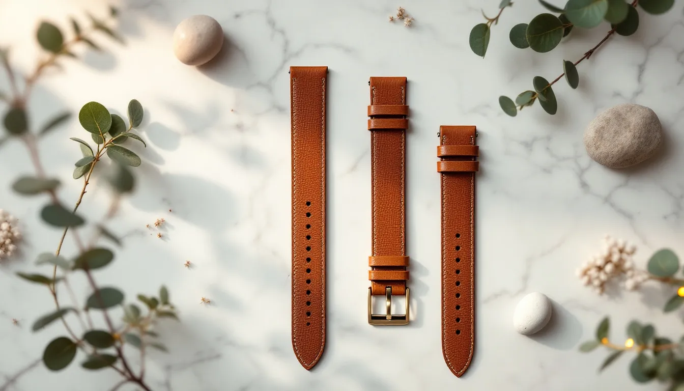 Eco-friendly lizard leather watch straps displayed in a natural setting.