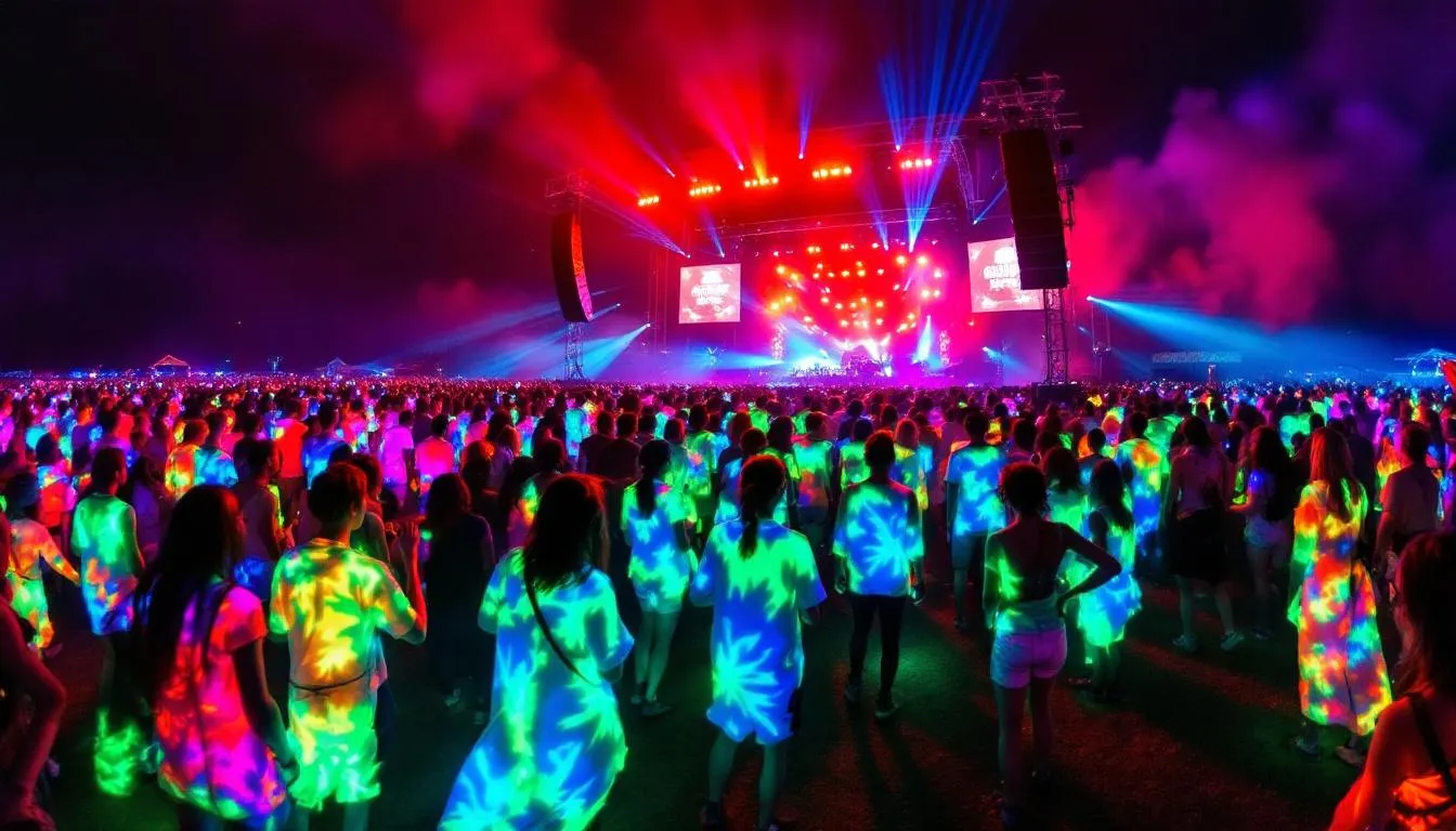 The image depicts a vibrant festival scene at night, where men and women are dressed in glowing psychedelic clothing that reflects the colorful stage lights. The atmosphere is filled with energy and creativity, showcasing wearable art that enhances the festival experience.